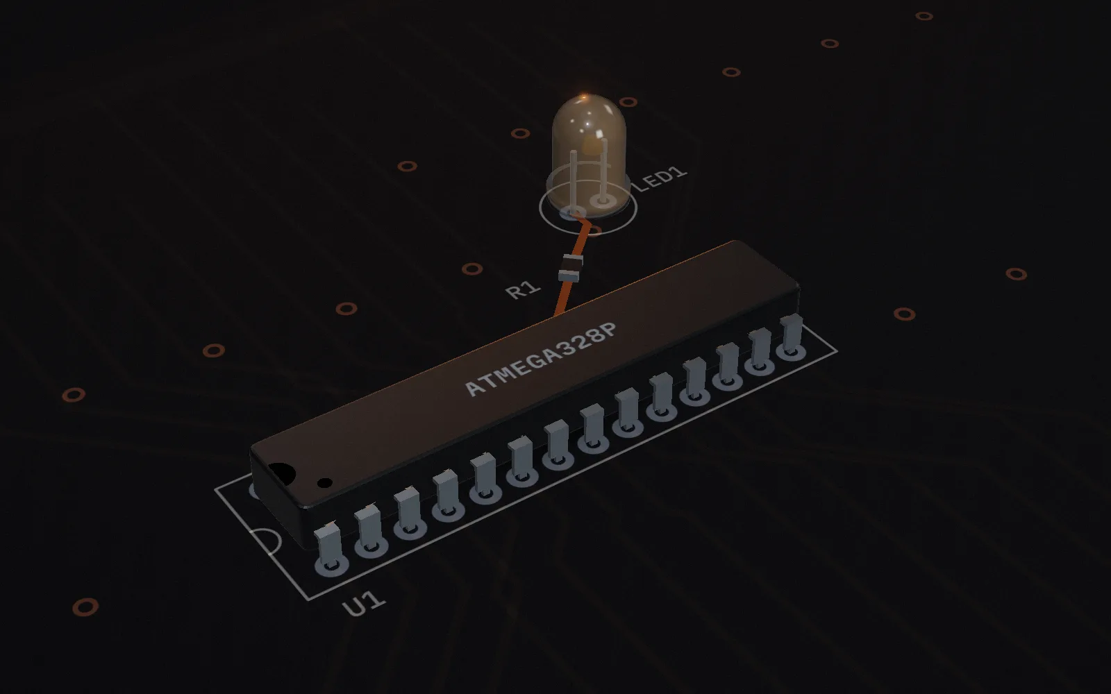 The board from above: the ATmega328P, a resistor, and an LED that is not lit yet.
