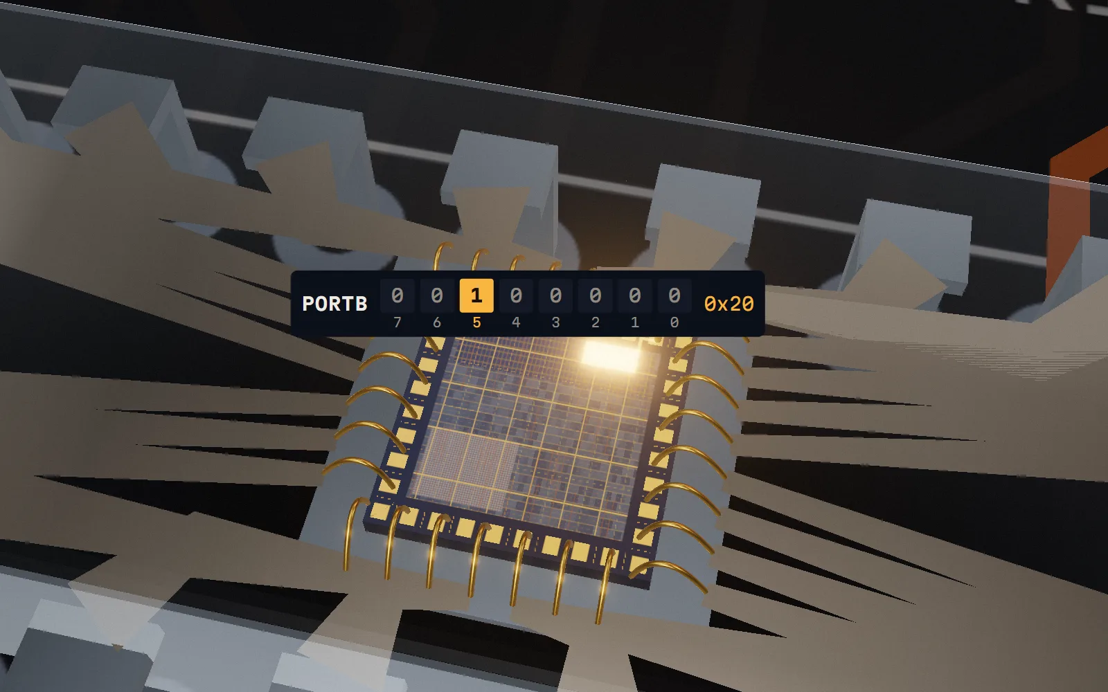 Inside the translucent package: the silicon die, gold bond wires, and eight register tiles with bit 5 lit.