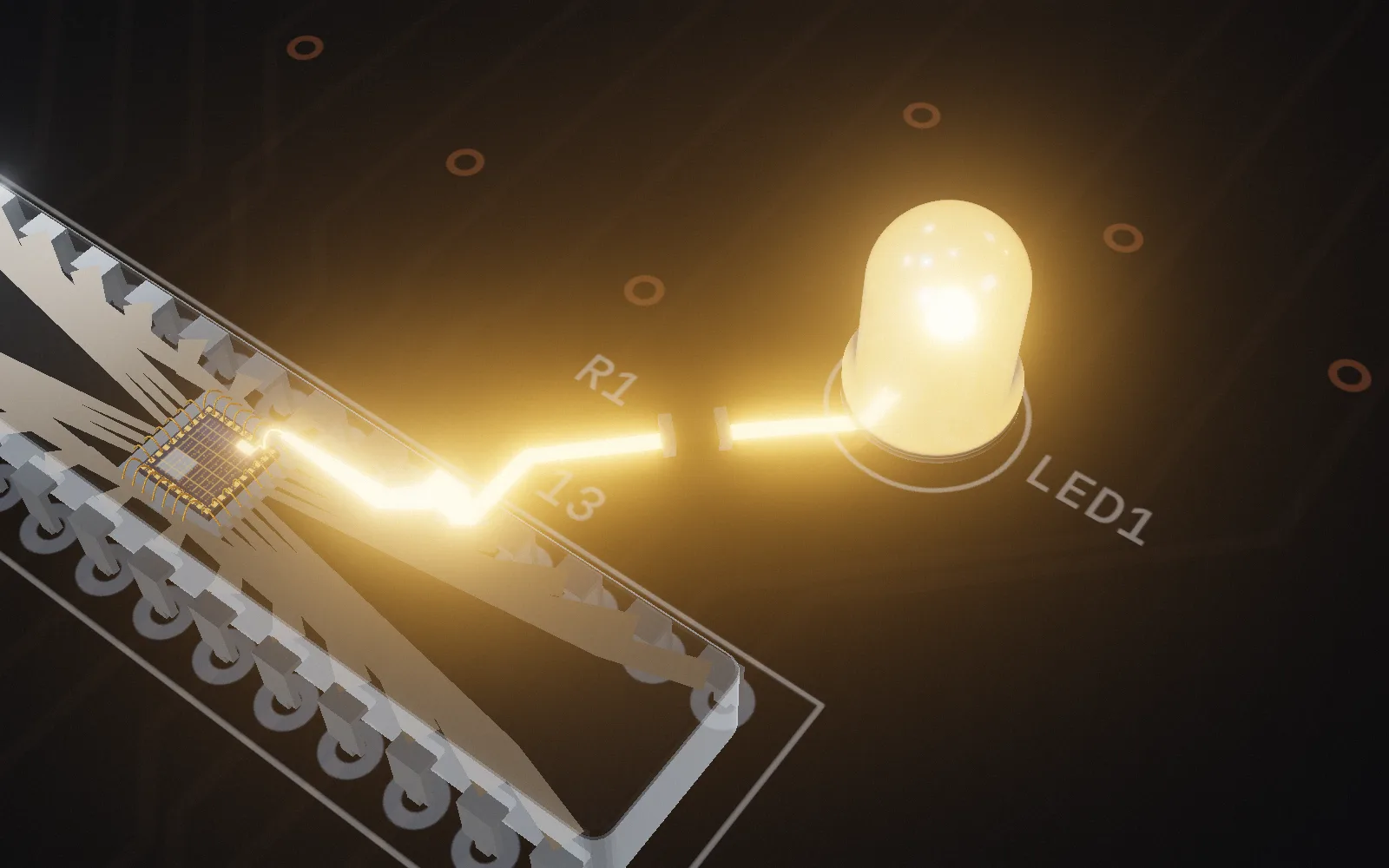 Behind the chip: pin 19 and the copper trace to the LED, lit along its length.