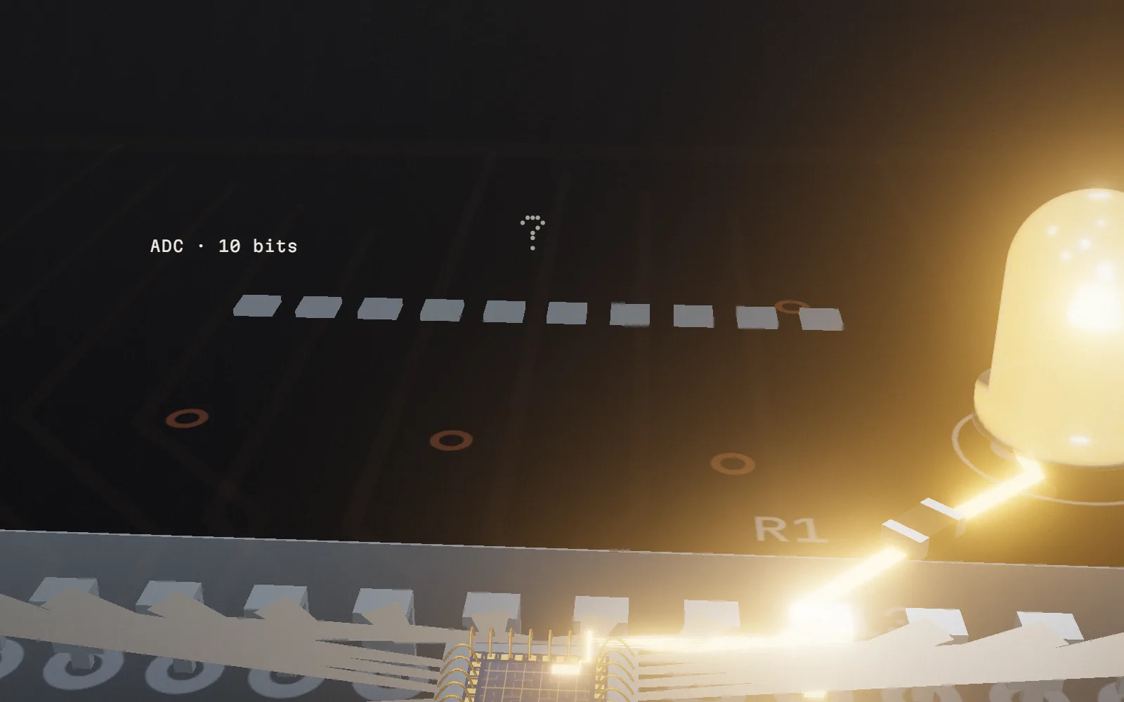 Above the chip: a row of ten unlit tiles, the ten bits of the ADC, under a question mark.