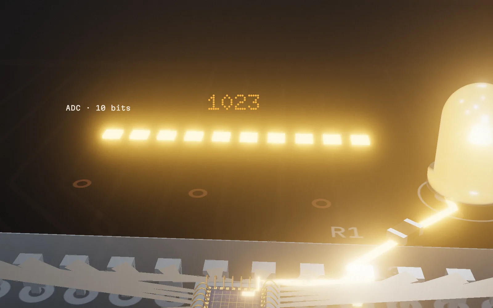 Above the chip: a row of ten lit tiles, the ten bits of the ADC, reading 1023.