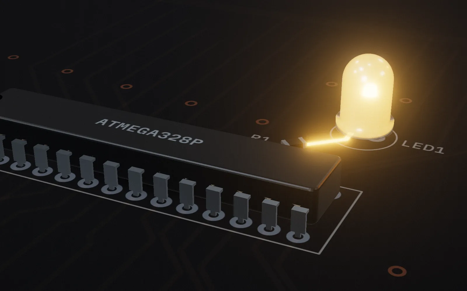 The finished board with the LED lit.